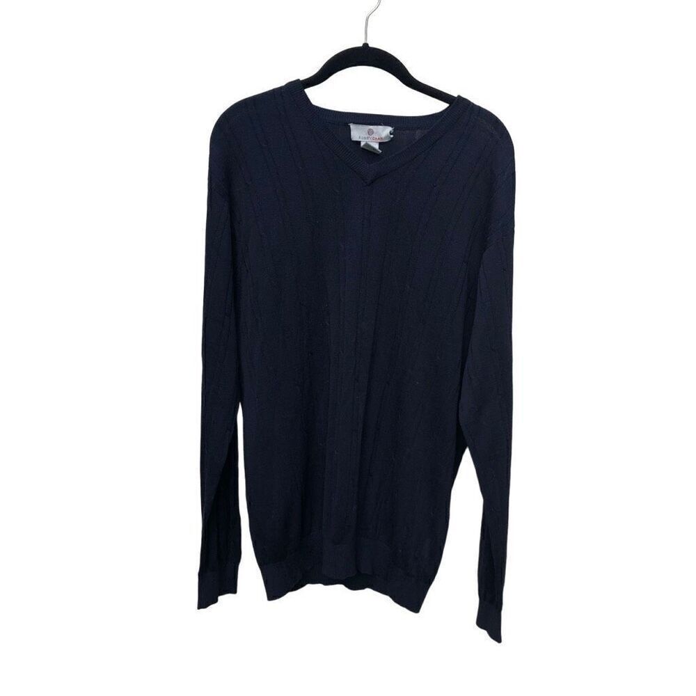 Men's Navy-Blue Bobby Chan Silk Cotton Blend Knit Pull Over Long Sleeve V Neck S